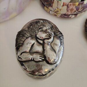 Godiner Silverplate Trinket Jewelry Box Angel Cherub Embossed